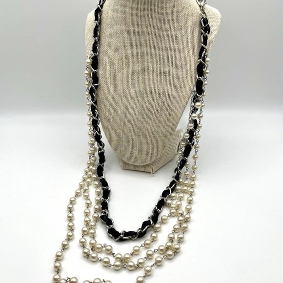 Multi-Strand Faux Pearl Necklace Black Ribbon & Silver Chain Layered Statement - Picture 1 of 5
